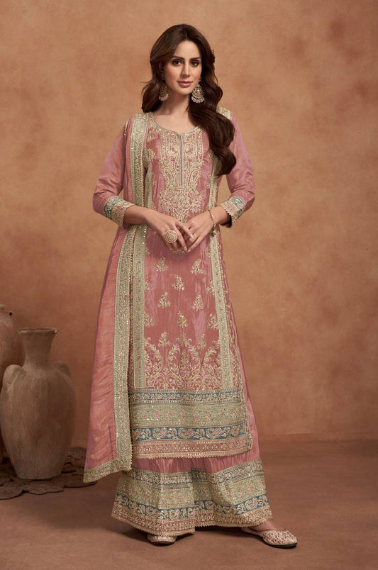 Embroidered Art Silk Pakistani Suit In Rose Gold By WTW