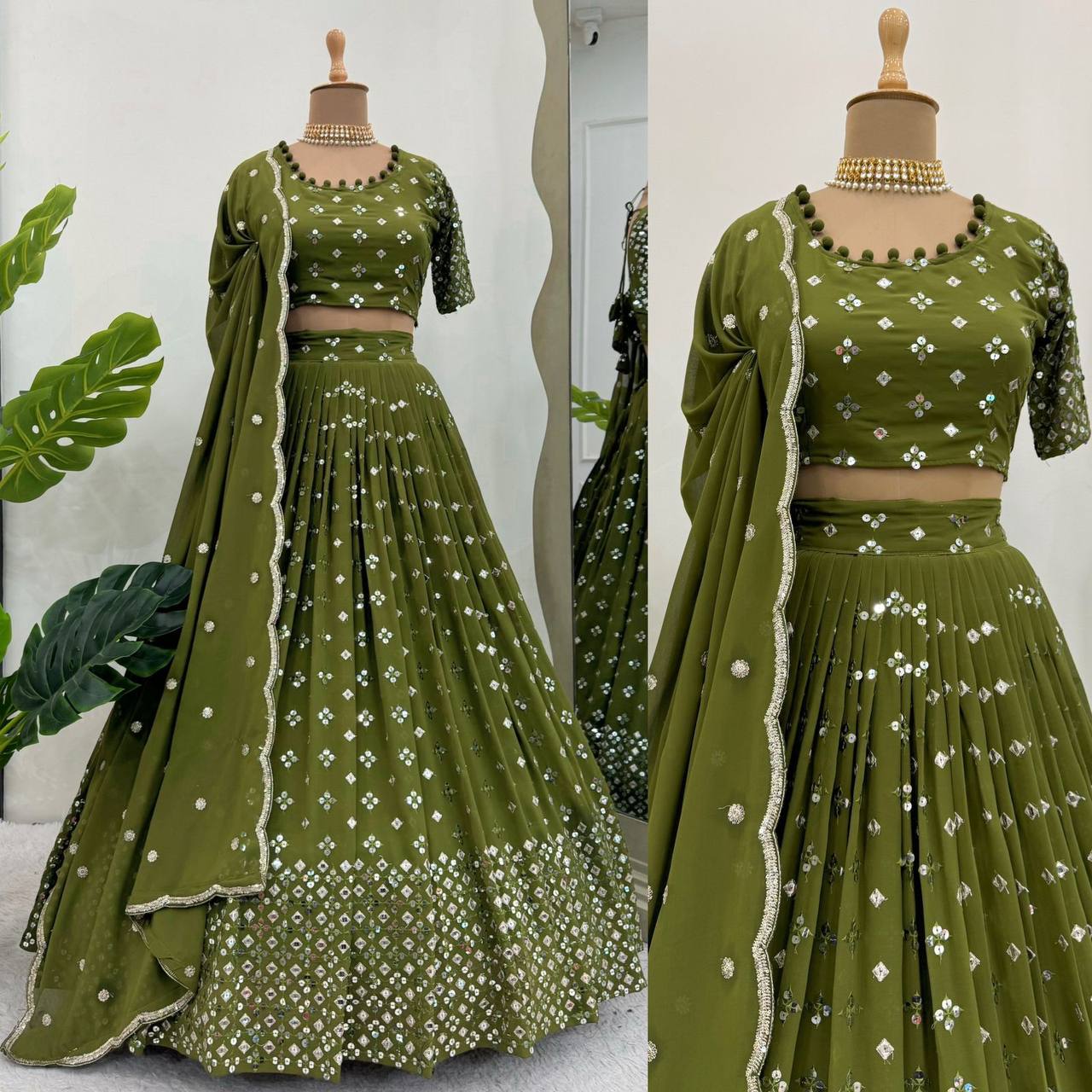 Mehendi Color Bridal Lehenga Choli In Georgette For Wedding With Sequence Work By WTW