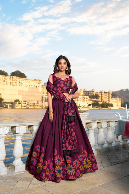 Wine Color Floral Print With Foil Work Tussar Silk Lehenga Choli By WTW