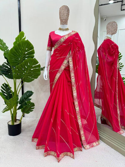 Baby Pink Shimmery Organza Designer Saree By WTW