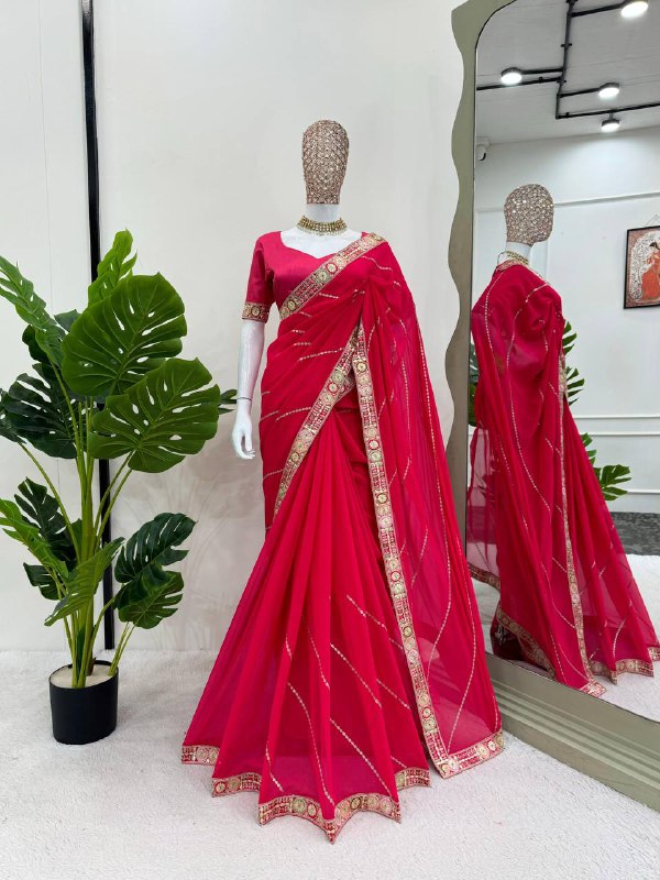 Baby Pink Shimmery Organza Designer Saree By WTW