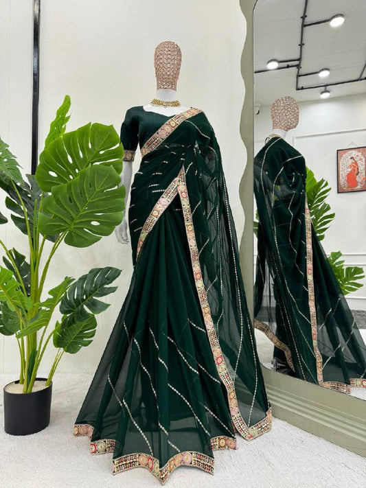 Bottle Green Faux Georgette Cording Sequence Work Saree By WTW