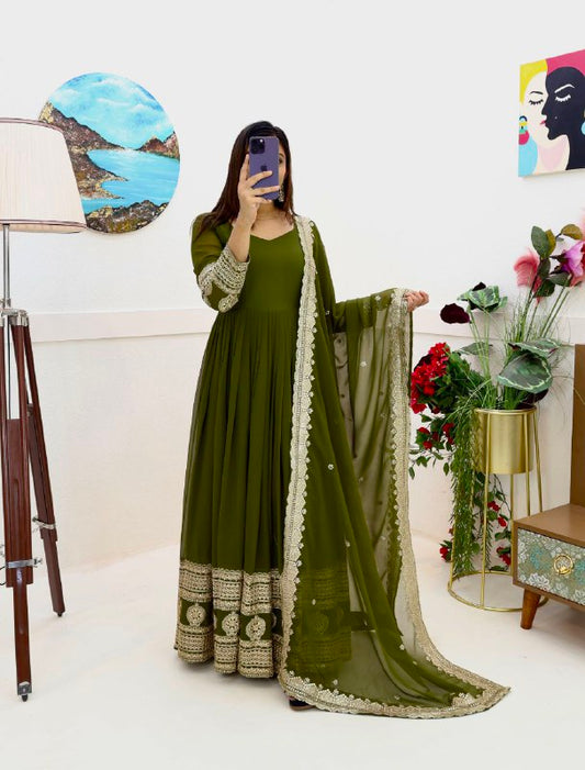 Green Fox Georgette Embroidery Sequence Work Gown By WTW