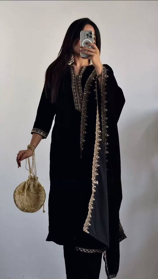 Viscose Velvet Black Top Pent With Dupatta By WTW