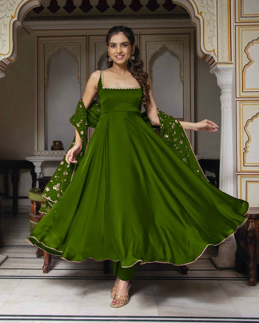 Green Faux Georgette Sequence Embroidery Work Gown With Dupatta Set By WTW