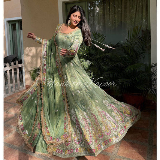 Superb Pista Green Color Chinnon Embroidery Sequence Gown By WTW