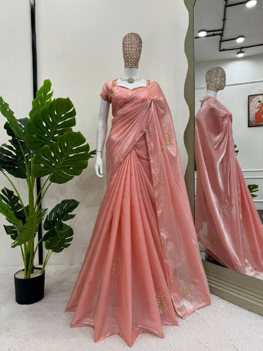 Peach Jimmy Chu Silk Hand Work Saree By WTW