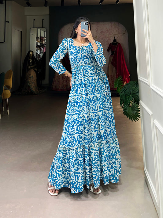 Captivating Blue Digital Printed Georgette Casual Wear Gown By WTW