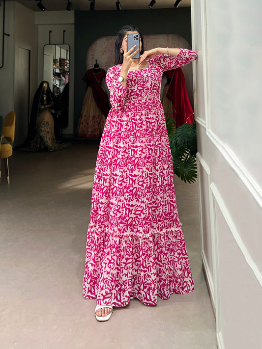 Georgette Pink Casual Wear Printed Readymade Gown By WTW