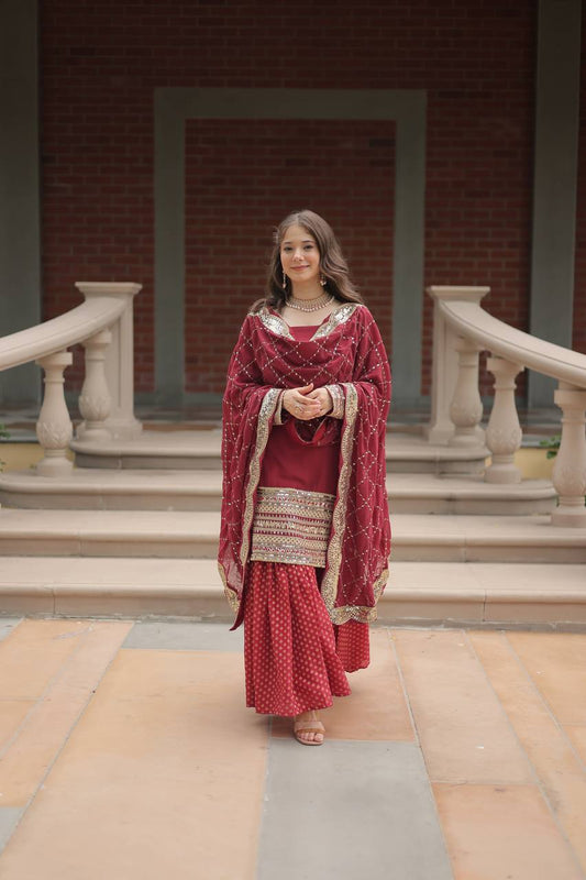 Perfect Marron Color Georgette Embroidery Sequence Salwar Suit By WTW