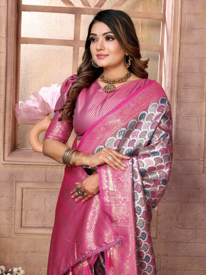 Pink Banarasi Silk Saree With Blouse Piece By WTW