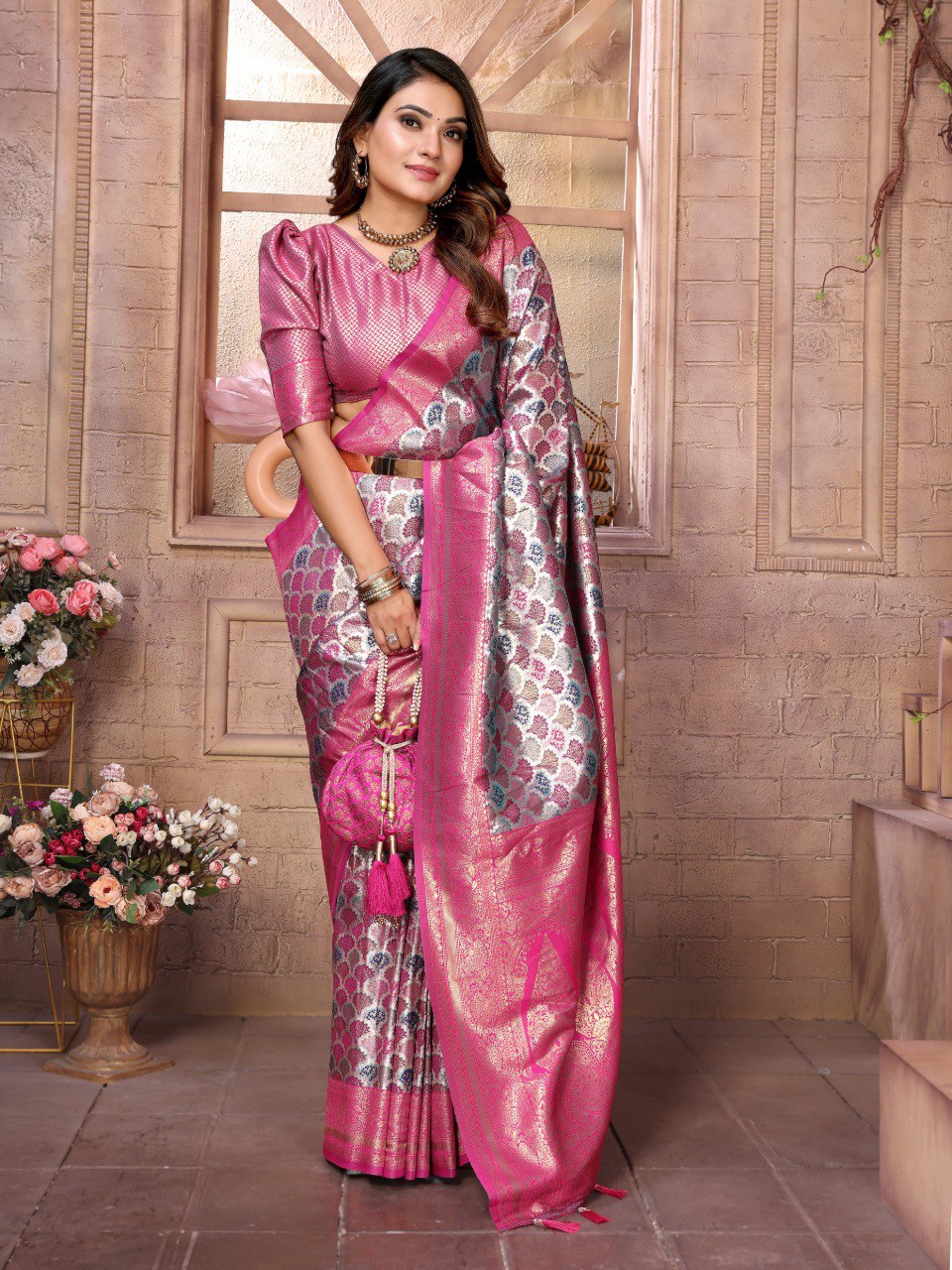 Pink Banarasi Silk Saree With Blouse Piece By WTW