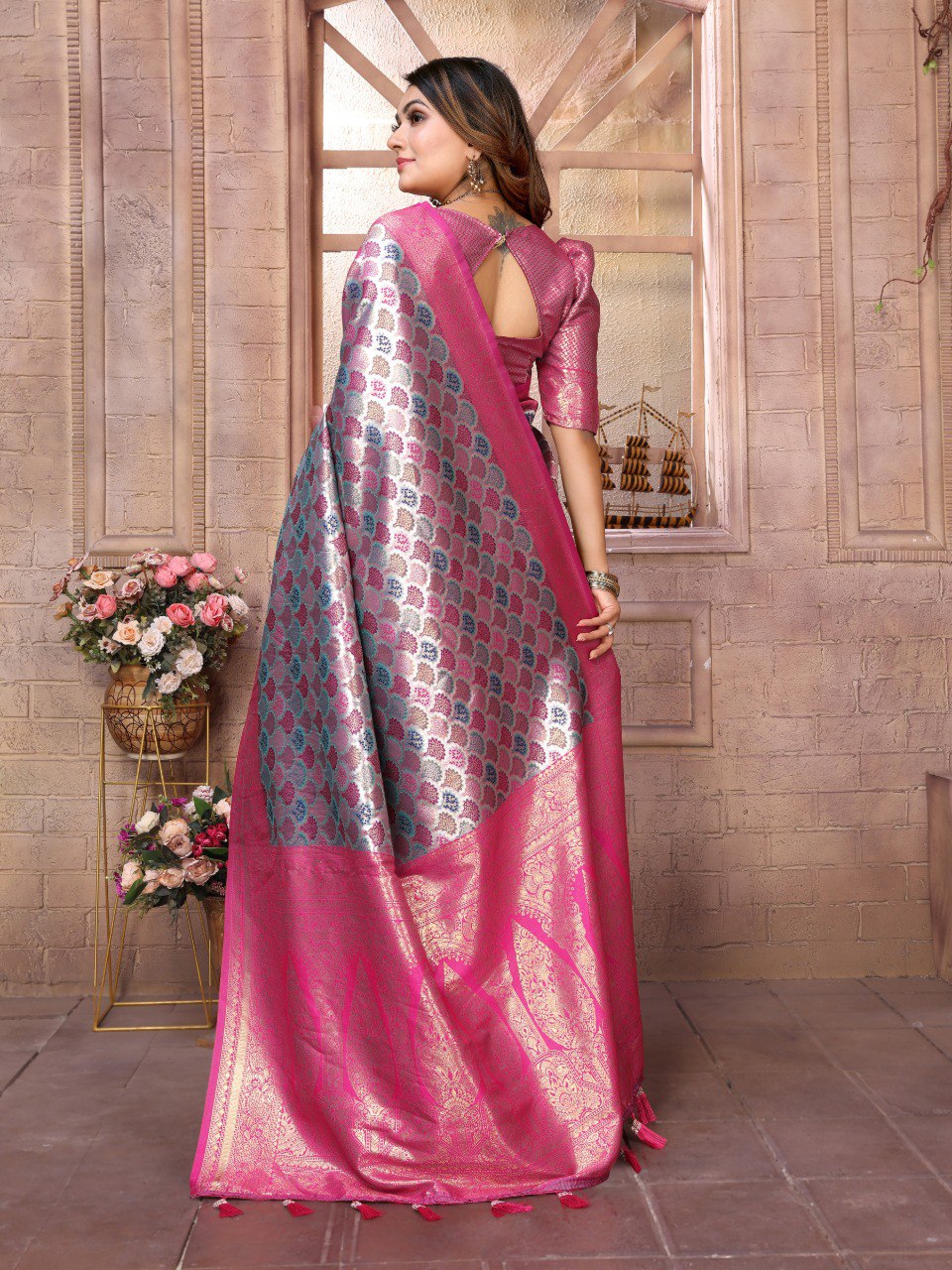 Pink Banarasi Silk Saree With Blouse Piece By WTW