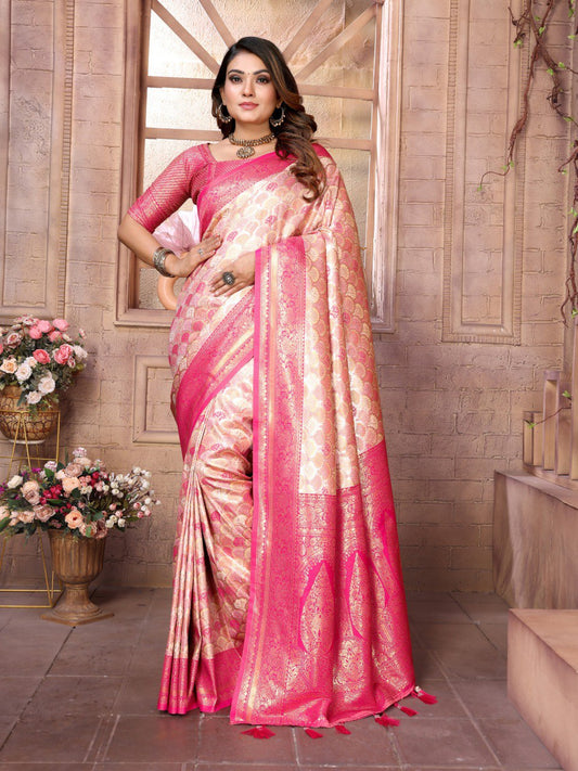 Cream Banarasi Silk Saree With Blouse Piece By WTW