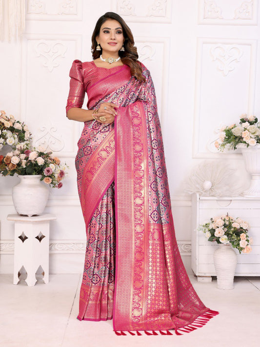 Pink Banarasi Silk Saree With Blouse Piece By WTW