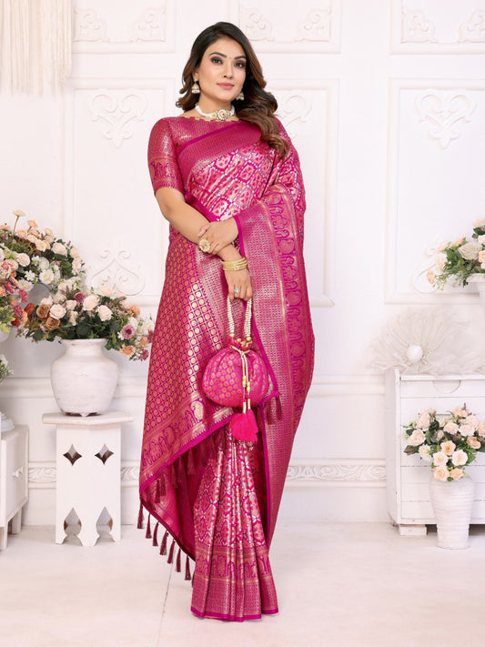 Pink Banarasi Silk Saree With Blouse Piece By WTW