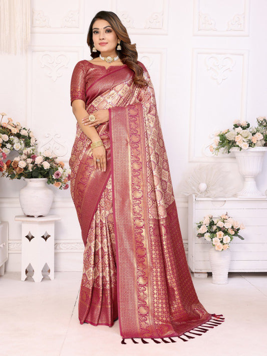 Pink Banarasi Silk Saree With Blouse Piece By WTW