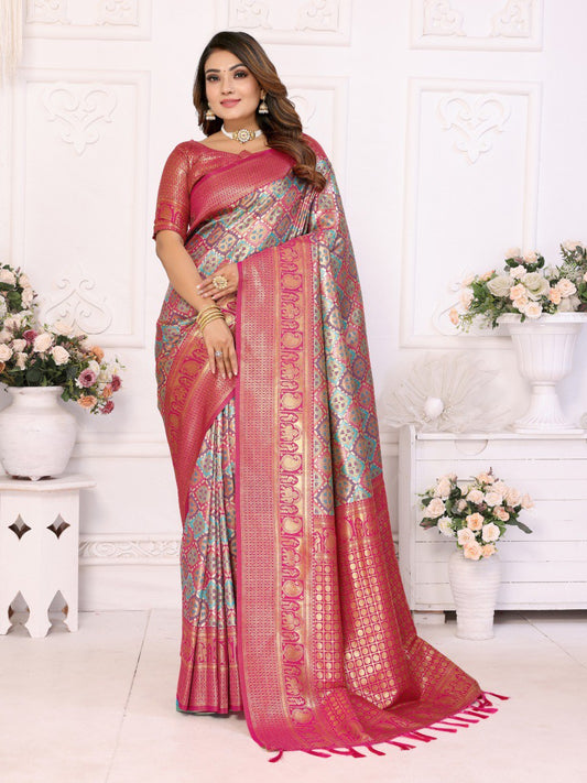 Pink Banarasi Silk Saree With Blouse Piece By WTW