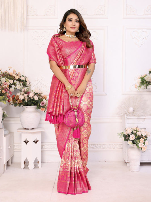 Pink Banarasi Silk Saree With Blouse Piece By WTW