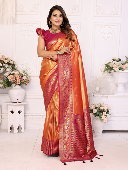 Orange Banarasi Silk Saree With Blouse Piece By WTW