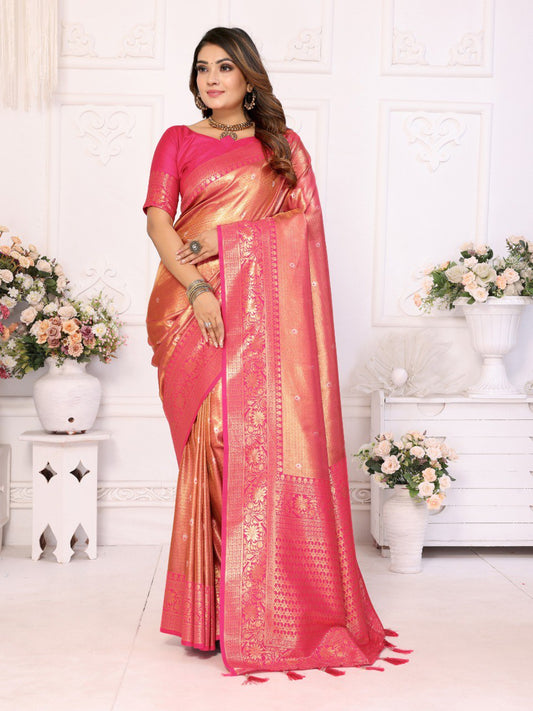 Peach Banarasi Silk Saree With Blouse Piece By WTW