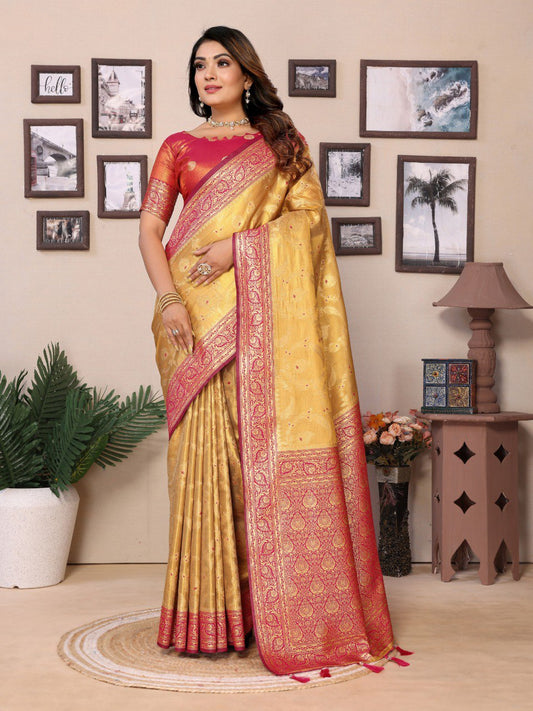 Cream Banarasi Silk Saree With Blouse Piece By WTW