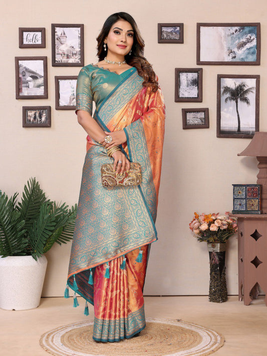 Dark Peach Banarasi Silk Saree With Blouse Piece By WTW