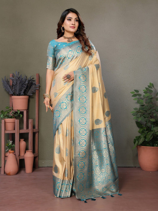 Cream Spun Silk Saree With Blouse Piece By WTW