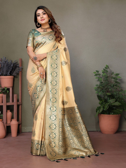 Cream Spun Silk Saree With Blouse Piece By WTW