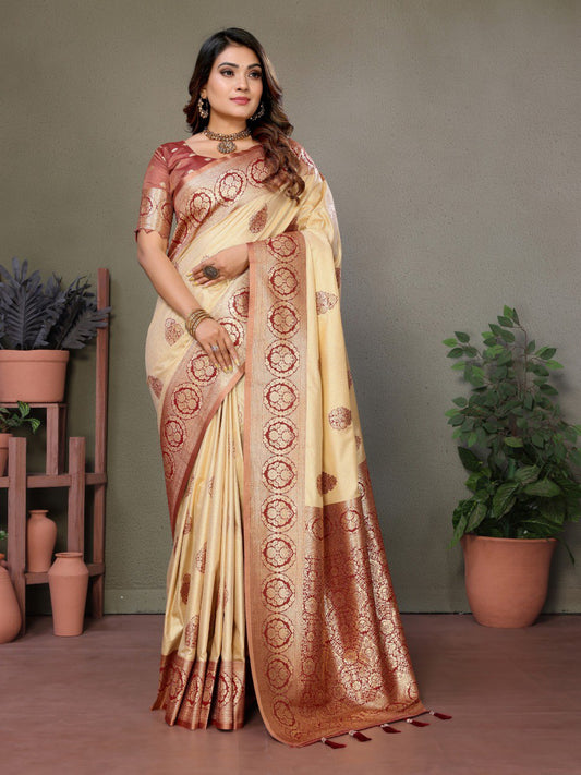 Cream Spun Silk Saree With Blouse Piece By WTW