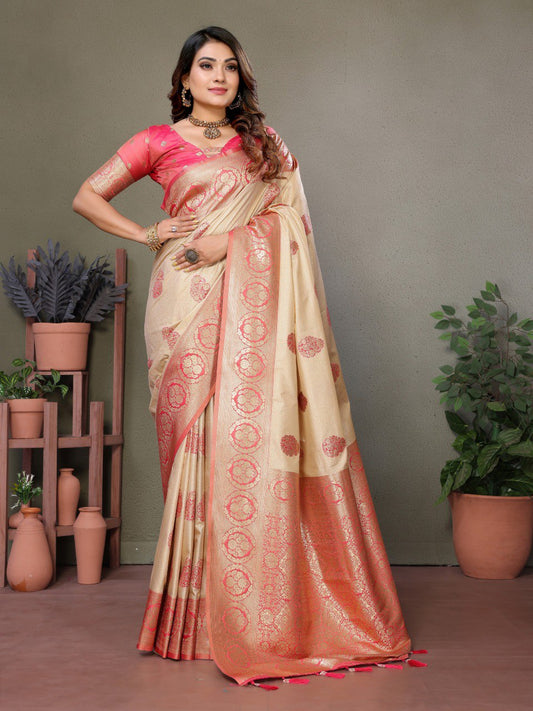 Cream Spun Silk Saree With Blouse Piece By WTW