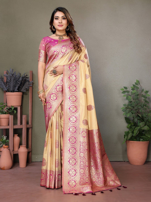Cream Spun Silk Saree With Blouse Piece By WTW
