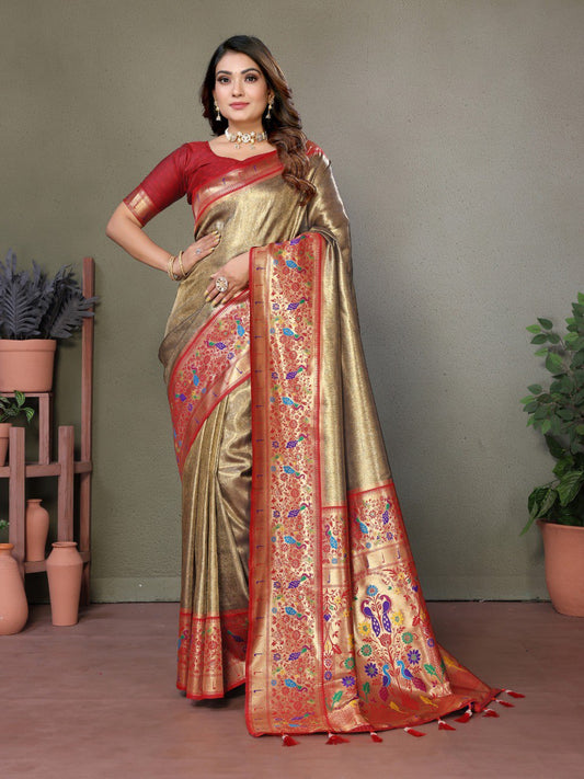 Wedding Wear Mehndi And Red Colour Paithani Banarasi Tissue Silk Sarees By WTW