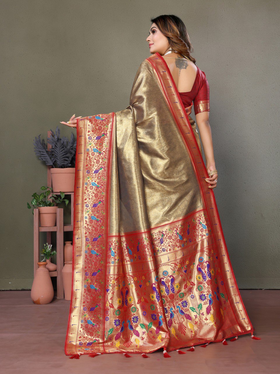 Wedding Wear Mehndi And Red Colour Paithani Banarasi Tissue Silk Sarees By WTW