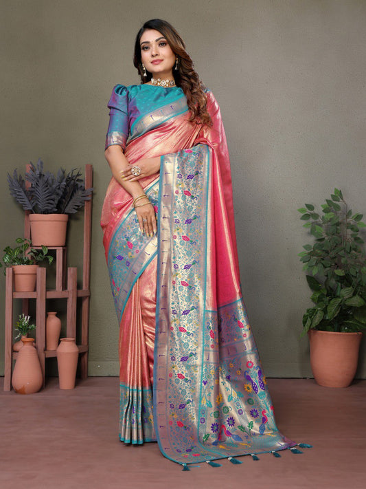 Pink Banarasi Silk Saree With Blouse Piece By WTW