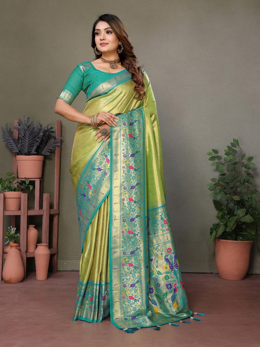 Light Green Banarasi Silk Saree With Blouse Piece By WTW