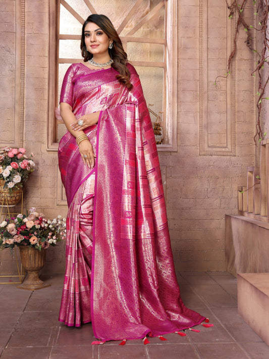 Woven Work Banarasi Silk Classic Saree In Rose Pink For Ceremonial By WTW