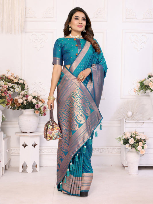 Rama Spun Silk Saree With Blouse Piece By WTW
