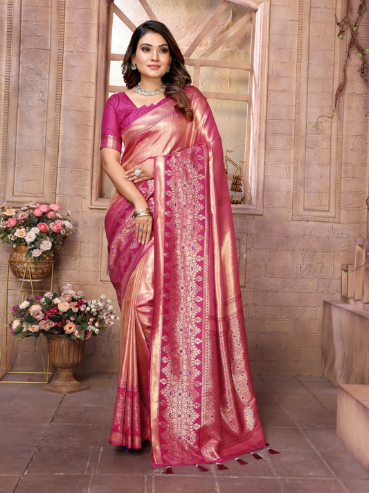 Pink Banarasi Silk Saree With Blouse Piece By WTW