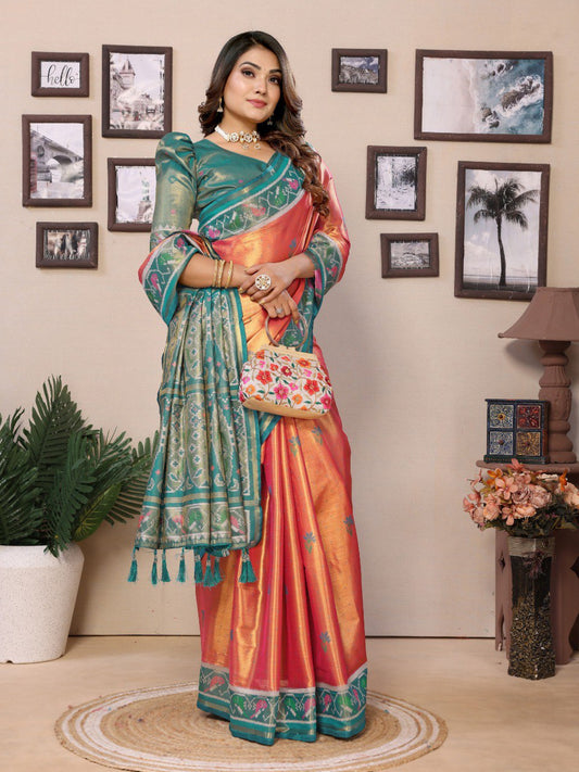 Dark Peach Banarasi Silk Saree With Blouse Piece By WTW
