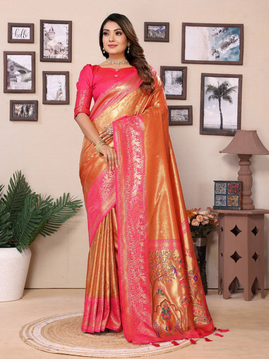 Orange Banarasi Silk Saree With Blouse Piece By WTW