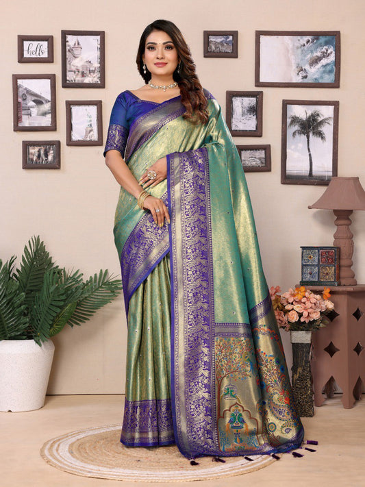 Sea Green Authentic Paithani Tissue Silk Saree With Zari Weaving Work By WTW