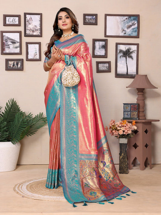 Dark Peach Banarasi Silk Saree With Blouse Piece By WTW