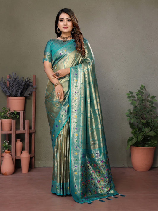 Sea Green Banarasi Silk Saree With Blouse Piece By WTW