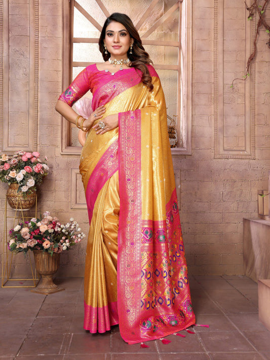 Yellow And Pink Colour Paithani Banarasi Tissue Silk Sarees