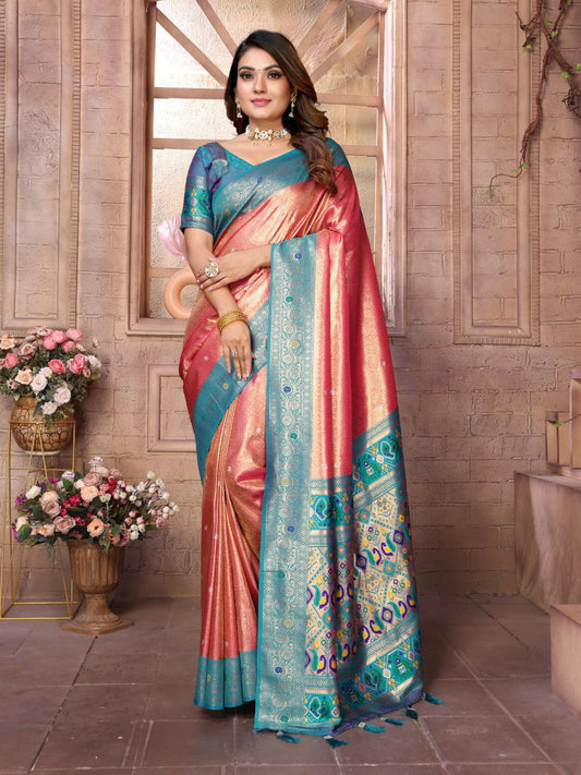 Dark Peach Banarasi Silk Saree With Blouse Piece By WTW