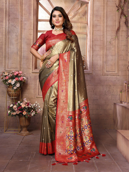 Outstanding Banarasi Tissue Silk Mehndi And Red Color Saree By WTW