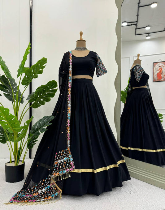 Black Faux Georgette Fancy Lace Work Lehenga Choli By WTW