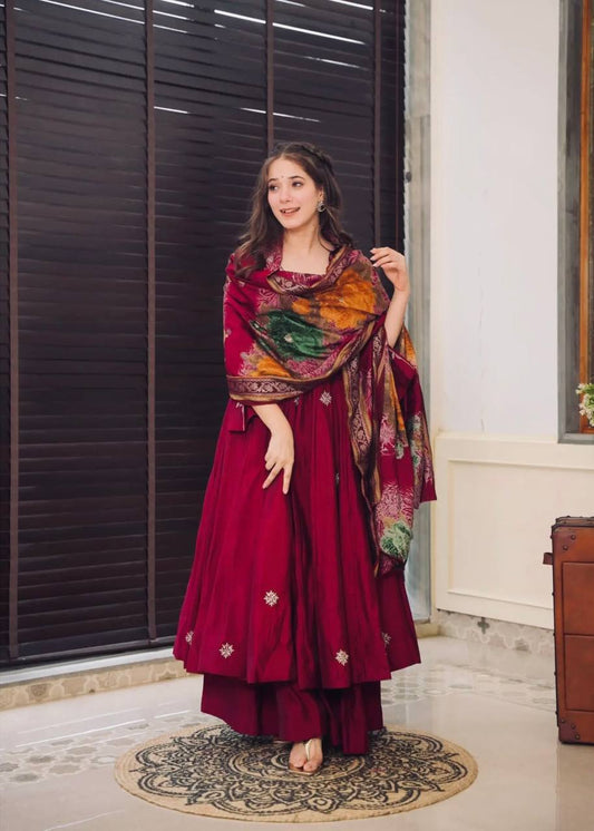 Grand Maroon Color Chinnon Silk Embroidery Work Salwar Suit By WTW