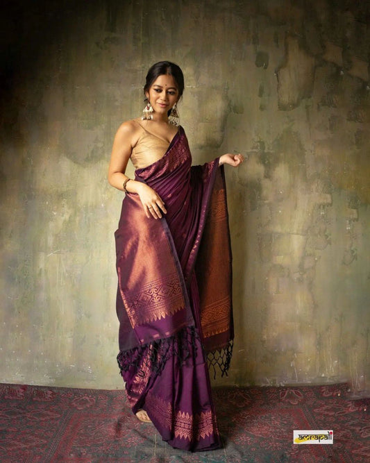 Cotton Silk Plum Purple Woven Zari Casual Wear Saree By WTW